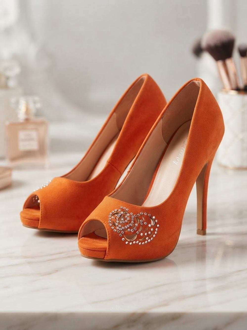 b. makowsky Orange Suede Peep-Toe Heels with Crystal Swirl
